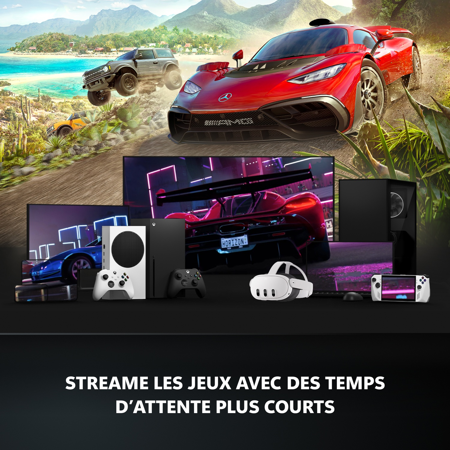 Voitures rouges et grises sur route de terre, vue mer. Consoles et casque VR.