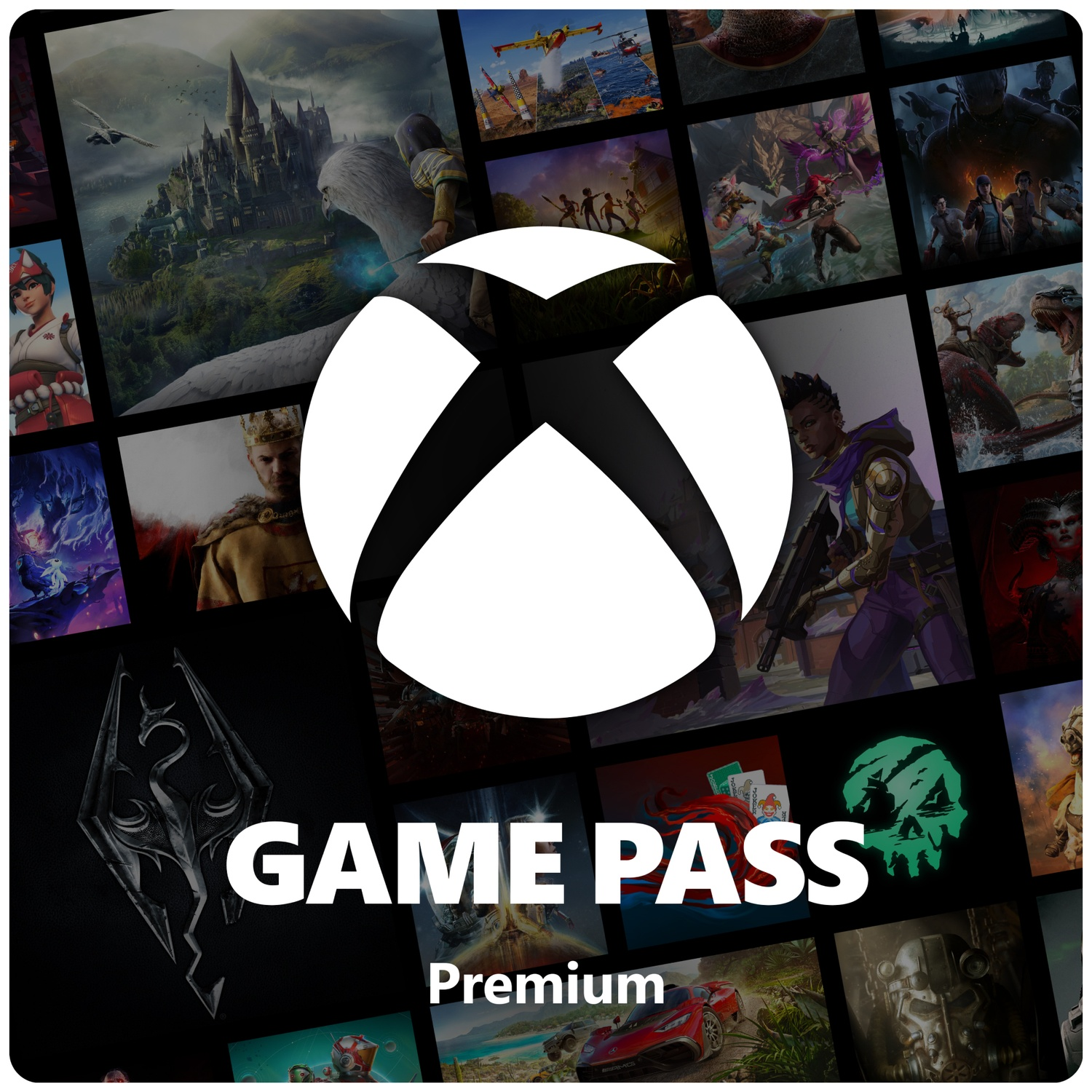 Logo Xbox Game Pass Premium avec images de jeux. Comprend Poudlard, symbole Skyrim, personnages.