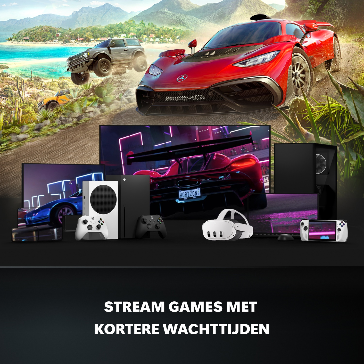 Voitures de course rouges et grises sur des chemins poussiéreux, avec consoles et casque VR en bas.