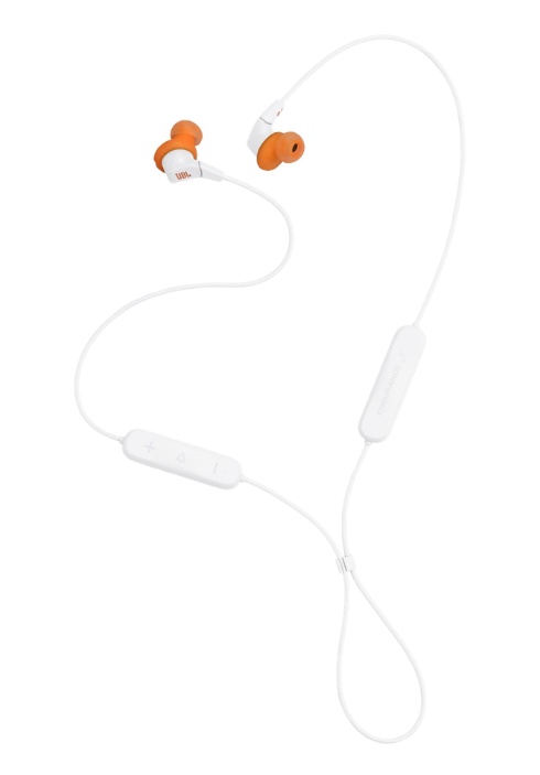 Białe i pomarańczowe słuchawki z kablem i przyciskami.