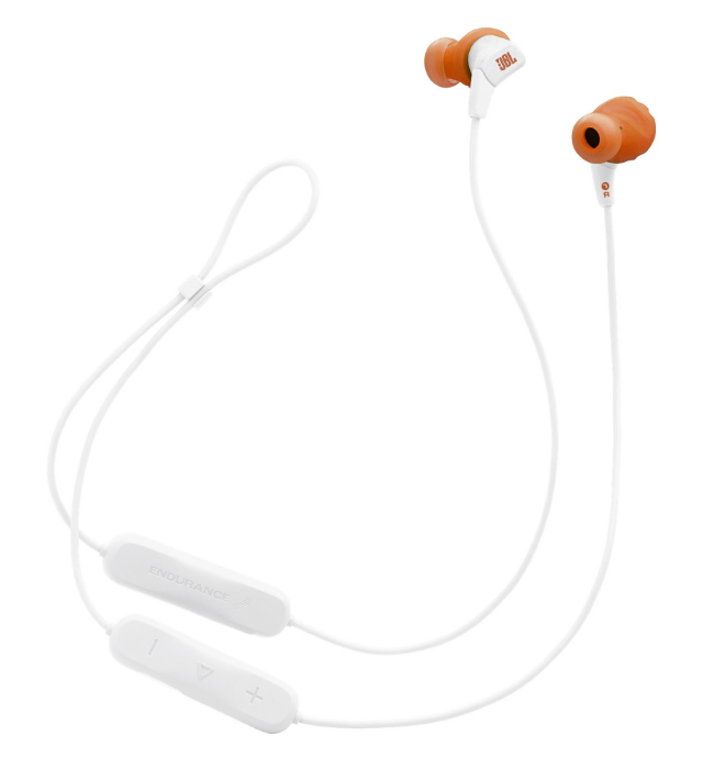 Białe słuchawki z pomarańczowymi końcówkami i logo JBL.