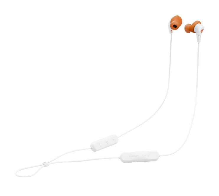 Białe słuchawki douszne z pomarańczowymi końcówkami i sterowaniem inline.