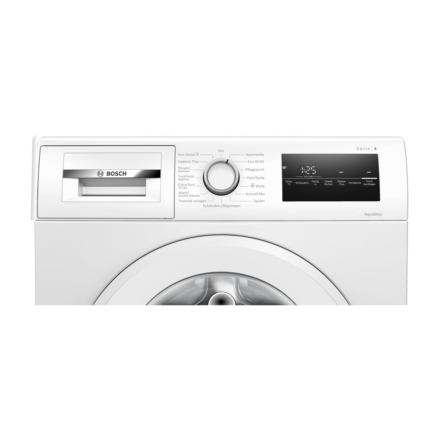 Una lavatrice bianca Bosch Serie 4 con pannello di controllo e display.