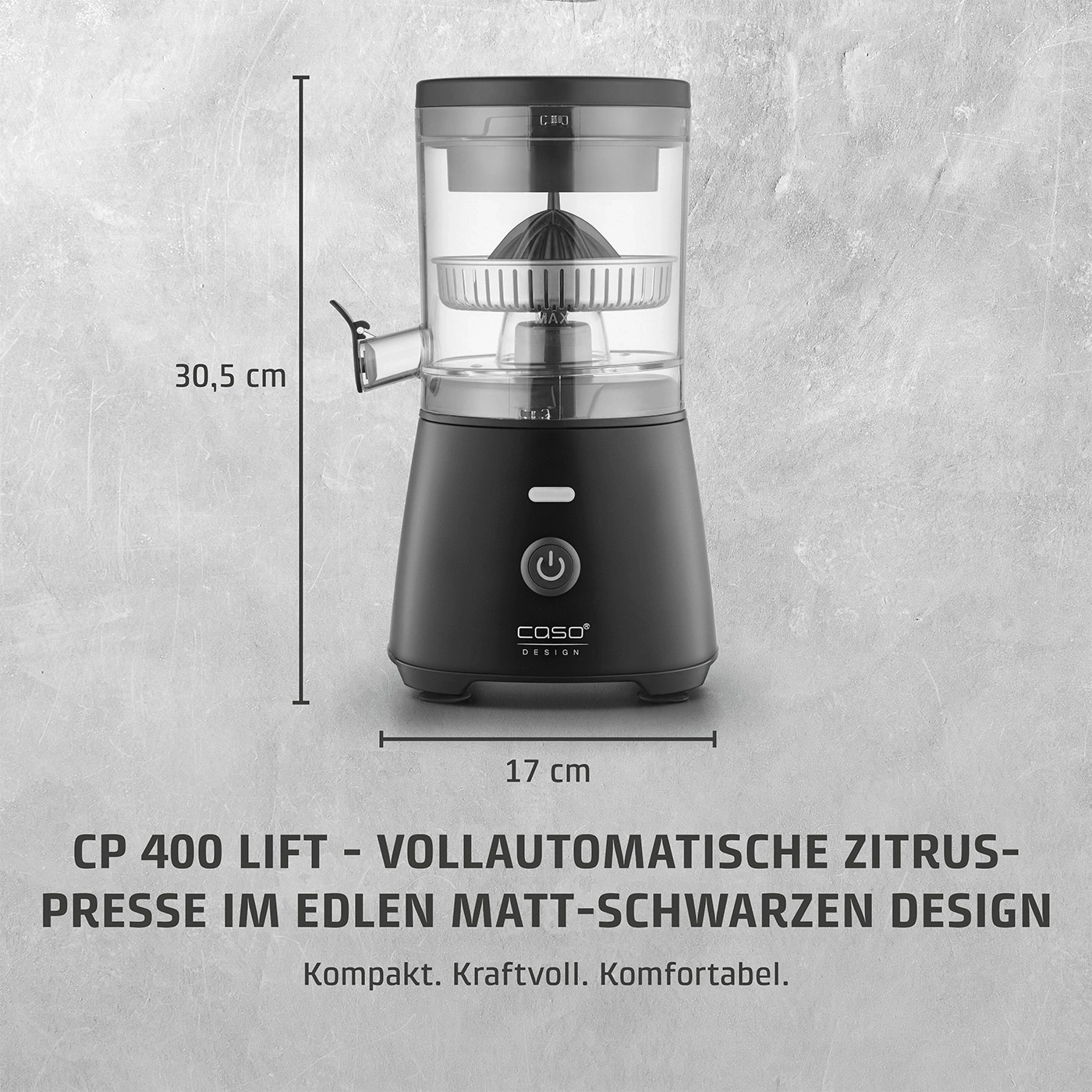Schwarze elektrische Zitruspresse mit transparentem Behälter und Maangaben.