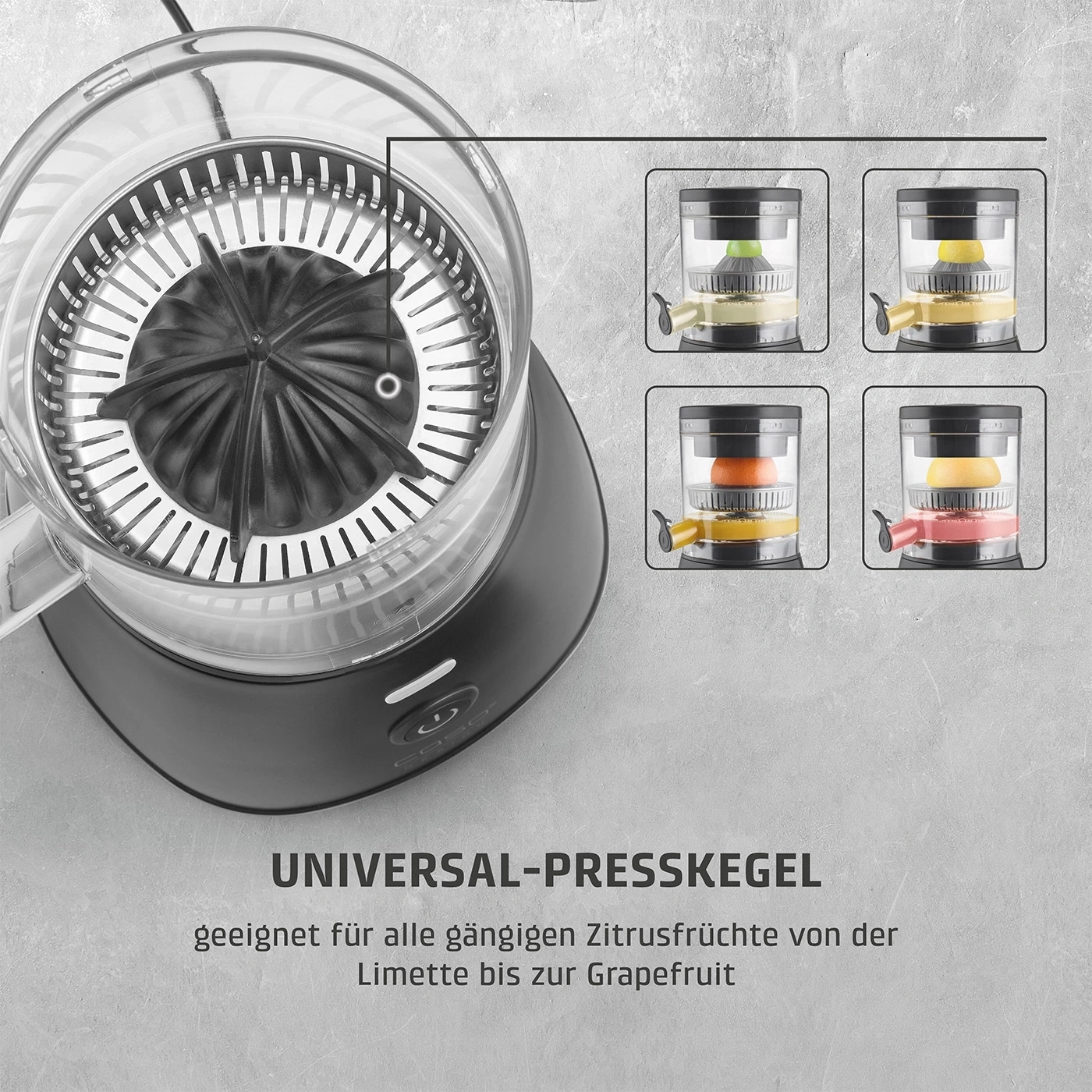 Ein elektrischer Zitruspressenkegel mit vier Fruchtbeispielen: Zitrone, Limette, Orange, Grapefruit.