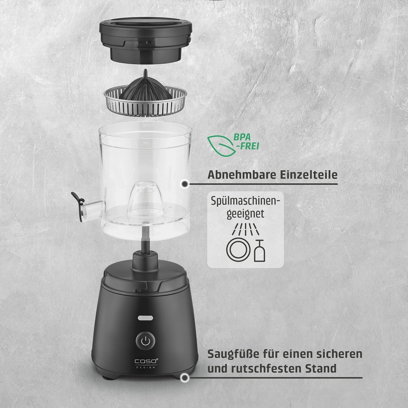 Zerlegbarer schwarzer Entsafter mit Zitruspresse und Auffangbehälter.