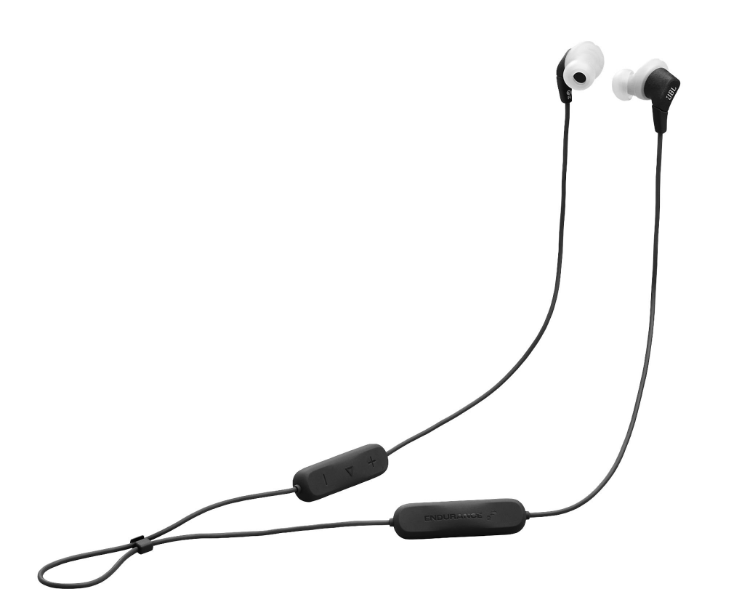 Czarne bezprzewodowe słuchawki JBL Endurance z białymi końcówkami na białym tle.