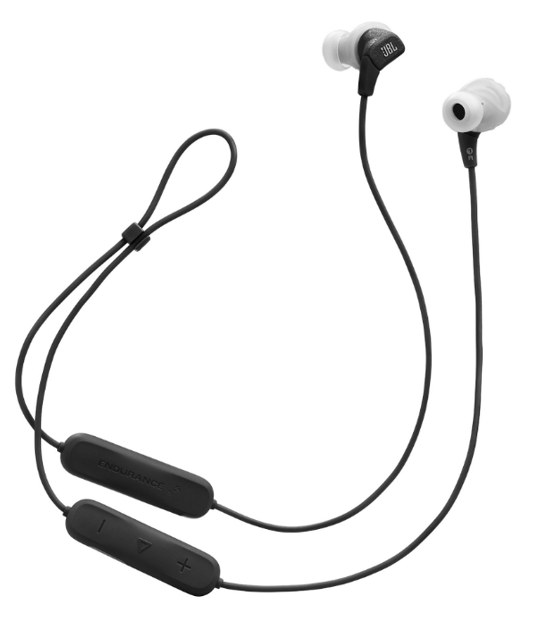 Czarne słuchawki JBL z białymi akcentami i wbudowanym sterowaniem.