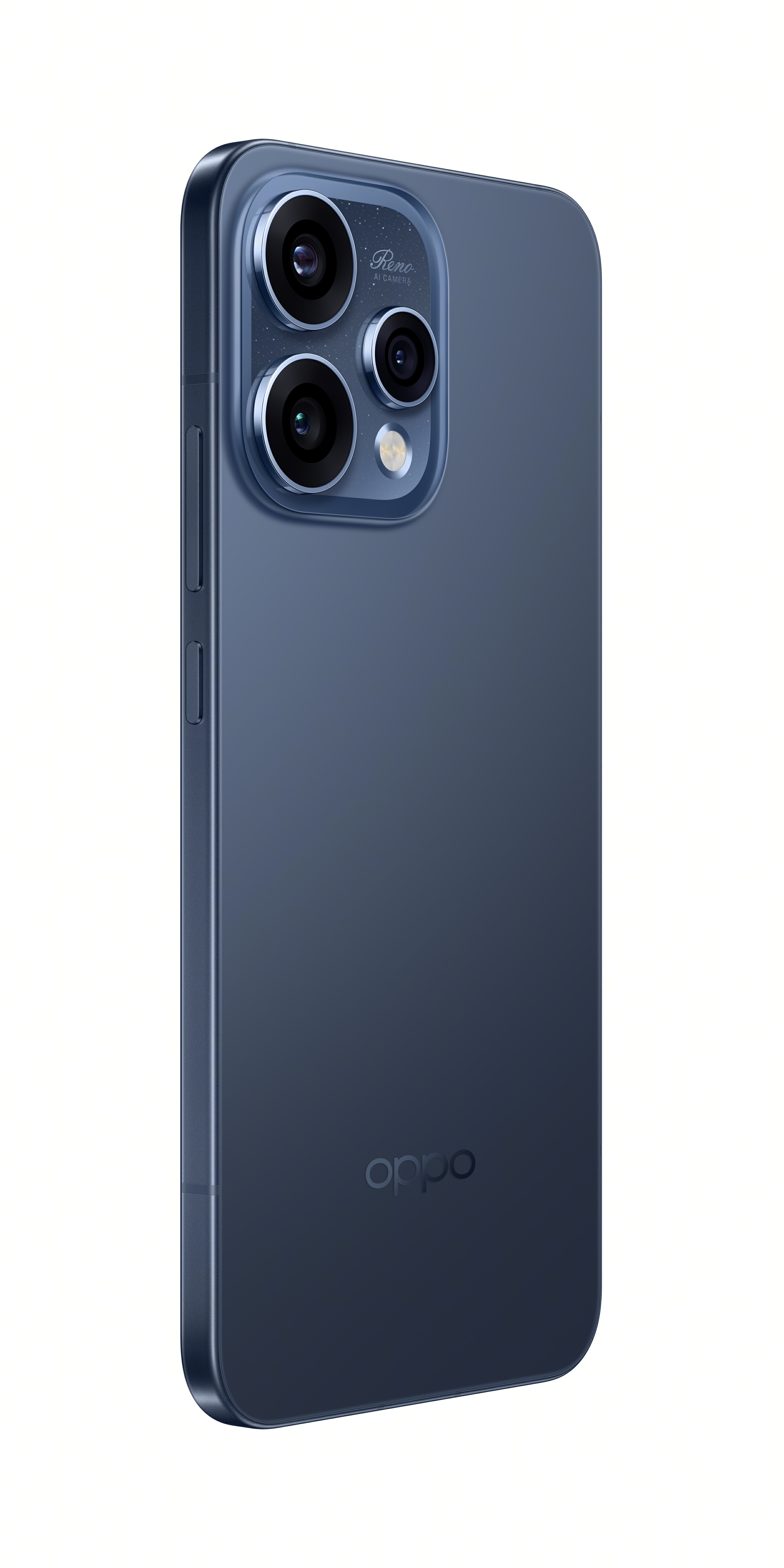Arka yüzünde üçlü kamera ve OPPO logosu bulunan lacivert akıllı telefon.