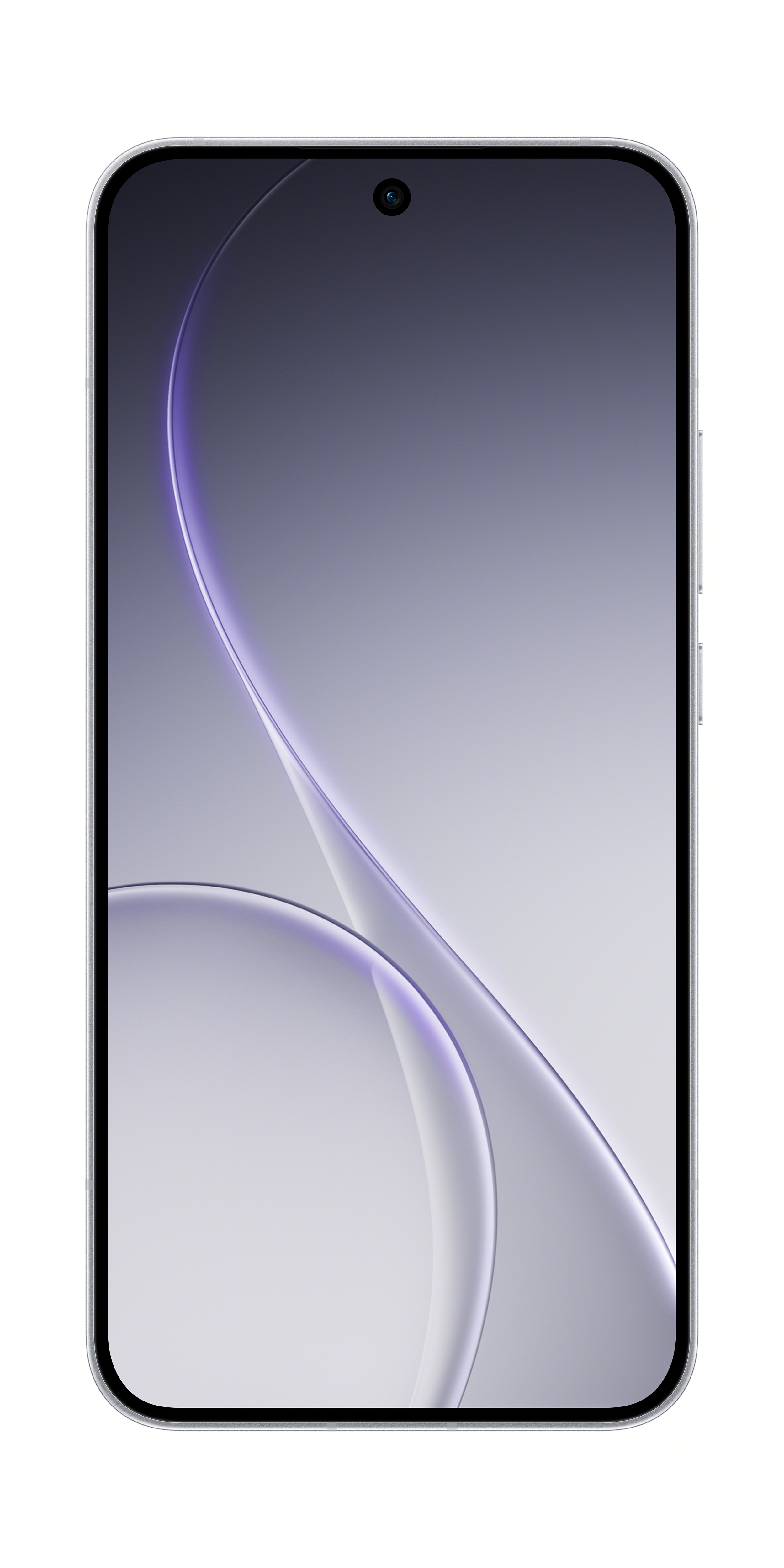 Modern bir akıllı telefon, minimalistik mor ve gri arka planlı.