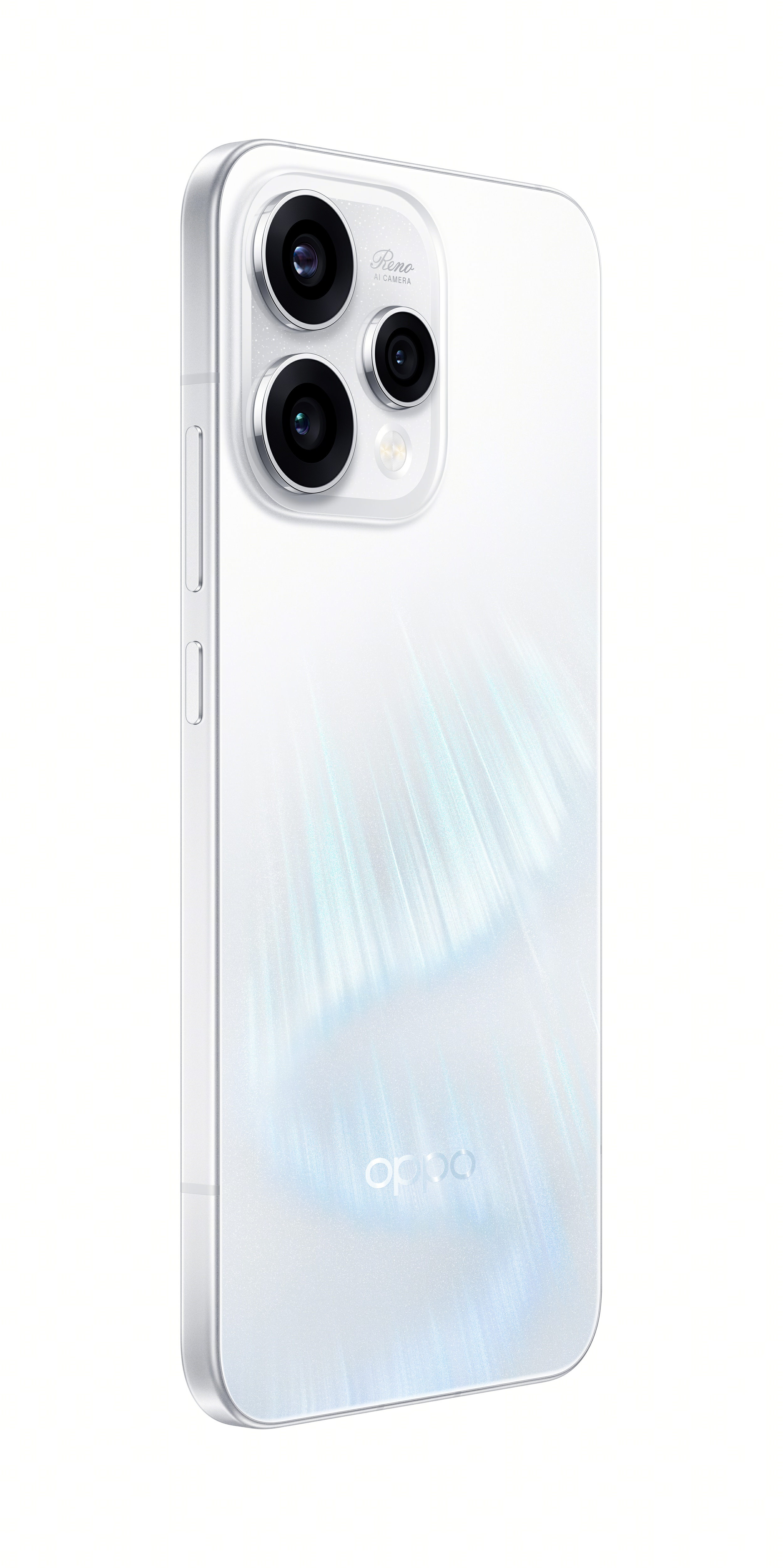 Üçlü kameraya ve simli tasarıma sahip beyaz bir OPPO akıllı telefon.