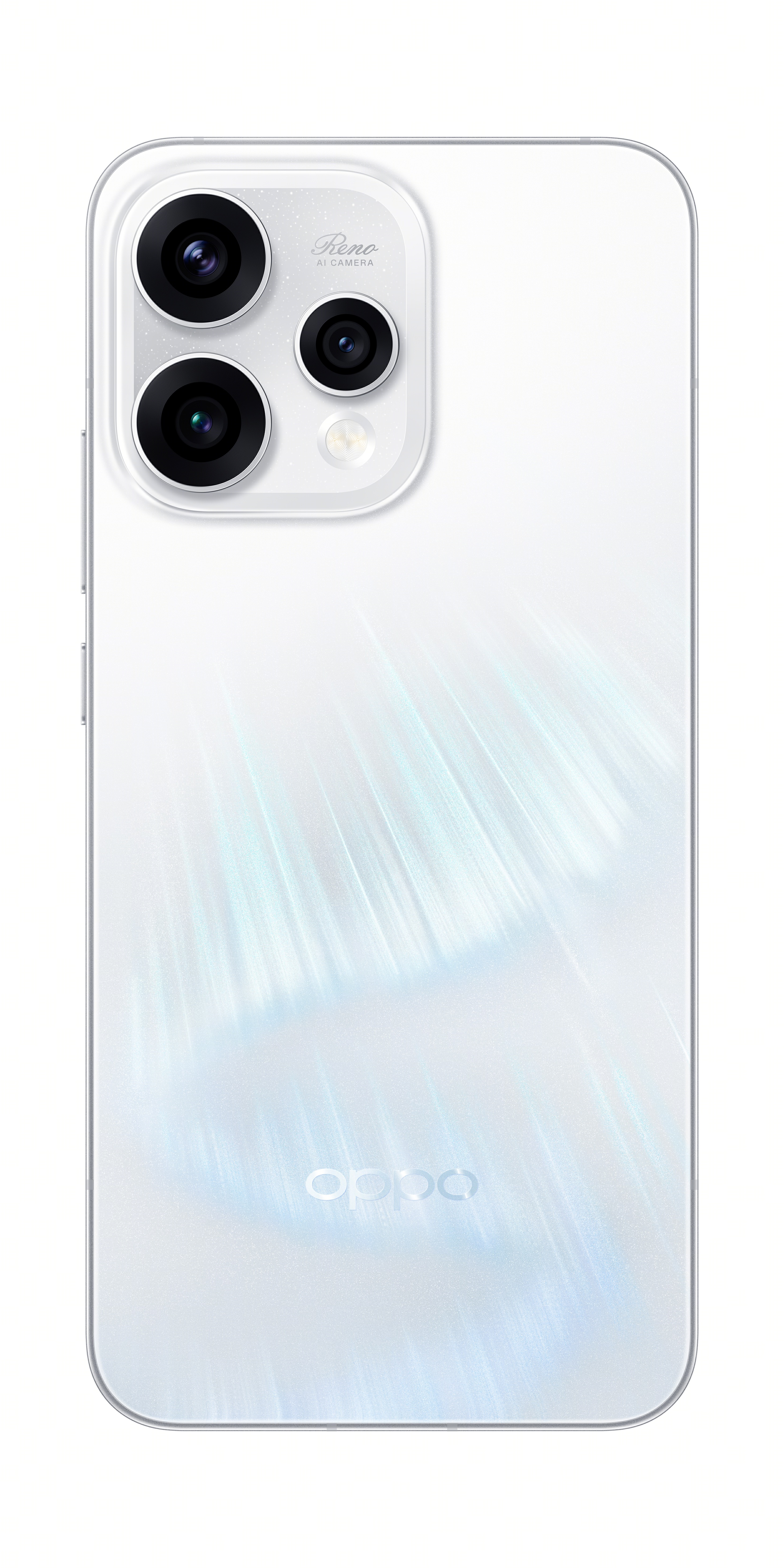 Arkada üçlü kamera ve Oppo logosu bulunan beyaz bir akıllı telefon.