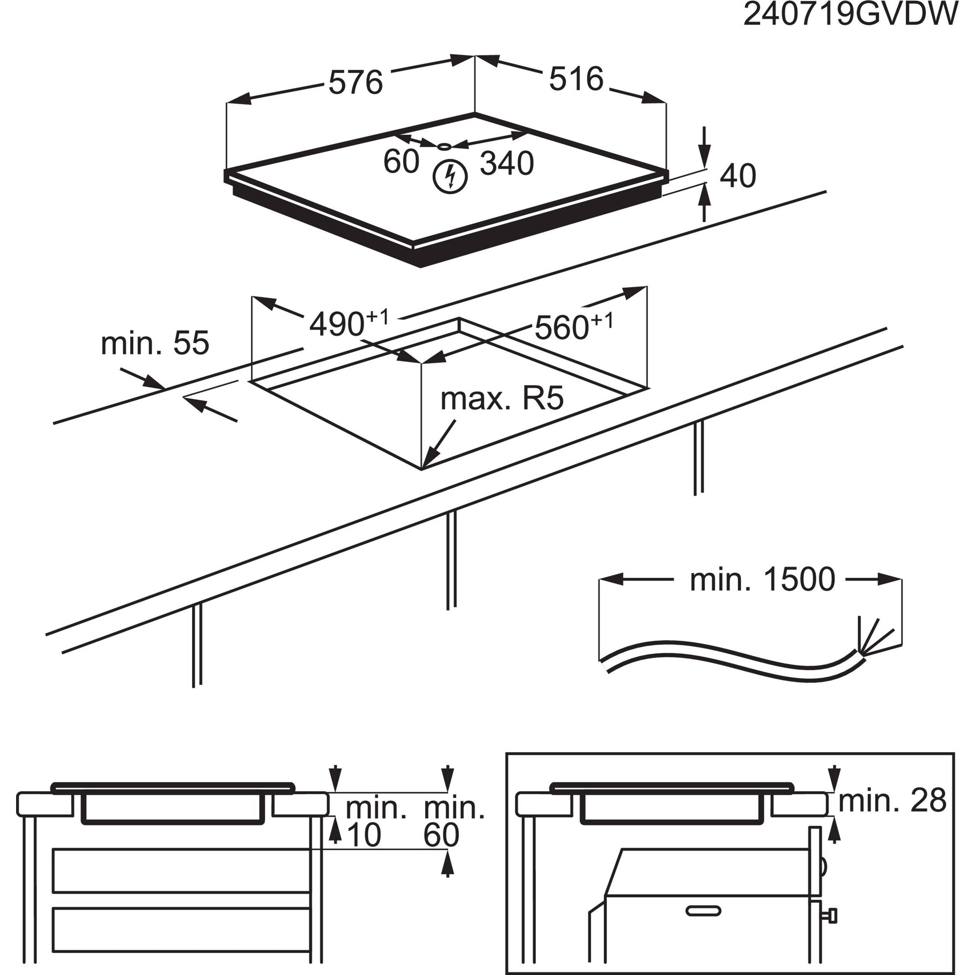 Diagramm zeigt Abmessungen für eine Kochfeldinstallation. Enthält Maße für Breite, Tiefe und Freiraum.