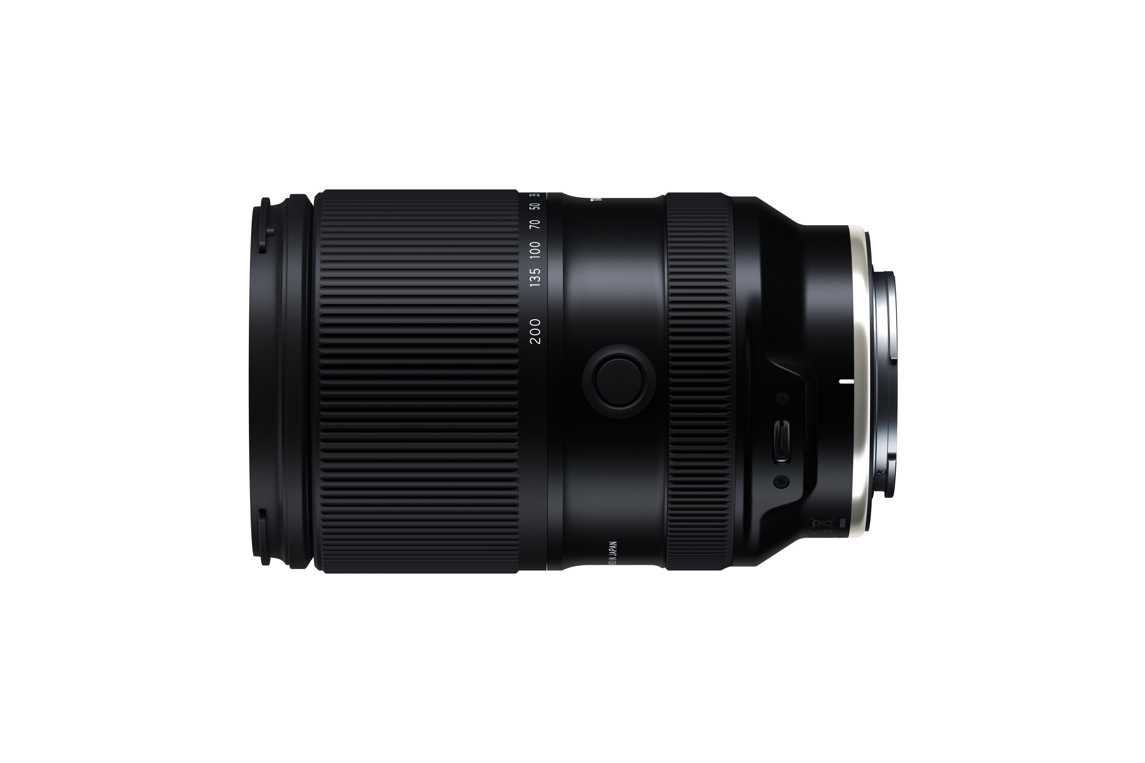 Ein schwarzes Kameraobjektiv mit Zoomring und Beschriftungen wie 200, 135, 100, 70, 50.