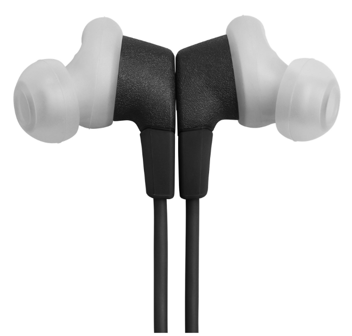 Zbliżenie czarnych słuchawek dousznych z białymi silikonowymi końcówkami.