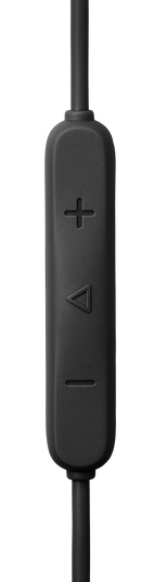 Czarny pilot do słuchawek z przyciskami plus, play i minus.