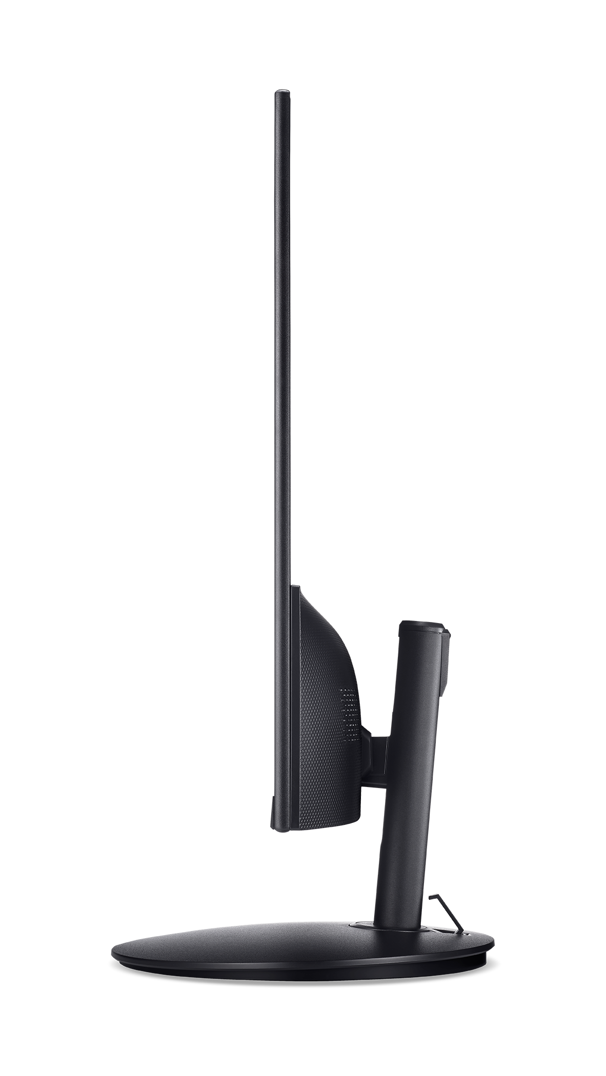 Schwarzer Computermonitor von der Seite, mit schmalem Rahmen und Standfuß.