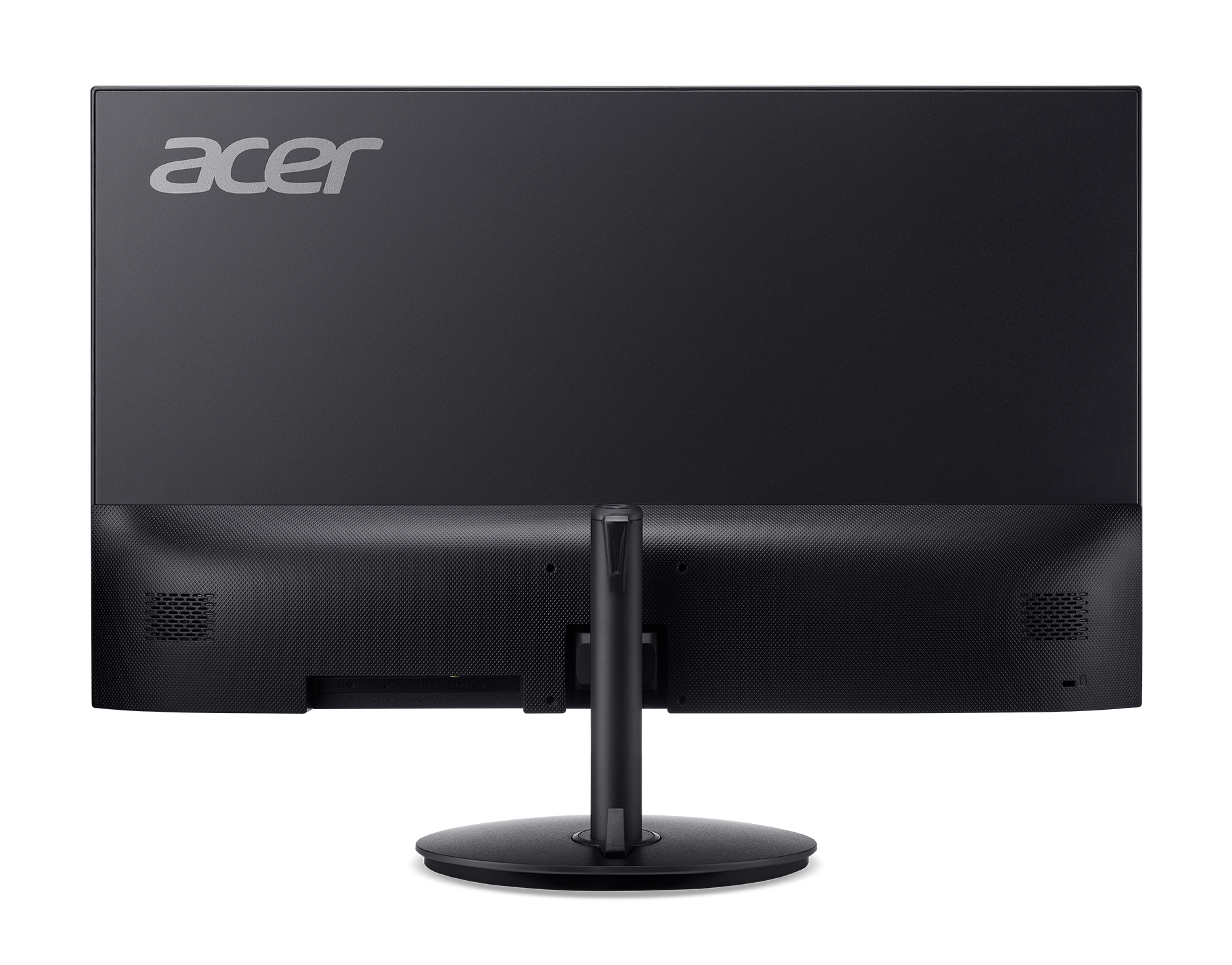 Rückseite eines schwarzen Acer Monitors mit silbernem Logo oben links.