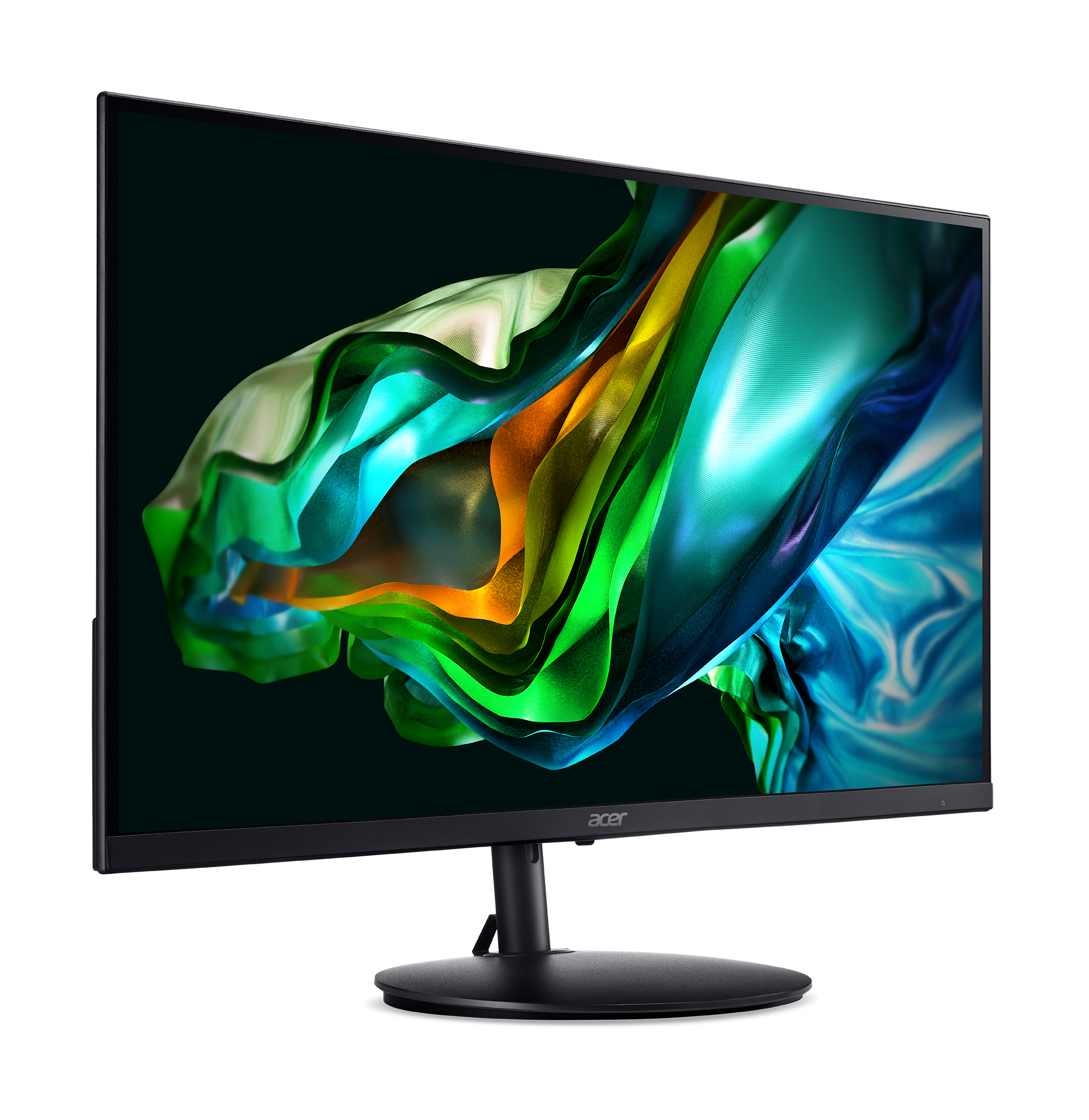 Ein schwarzer Acer-Monitor mit einem abstrakten, fließenden Hintergrund in Grün-, Blau- und Orangetönen.