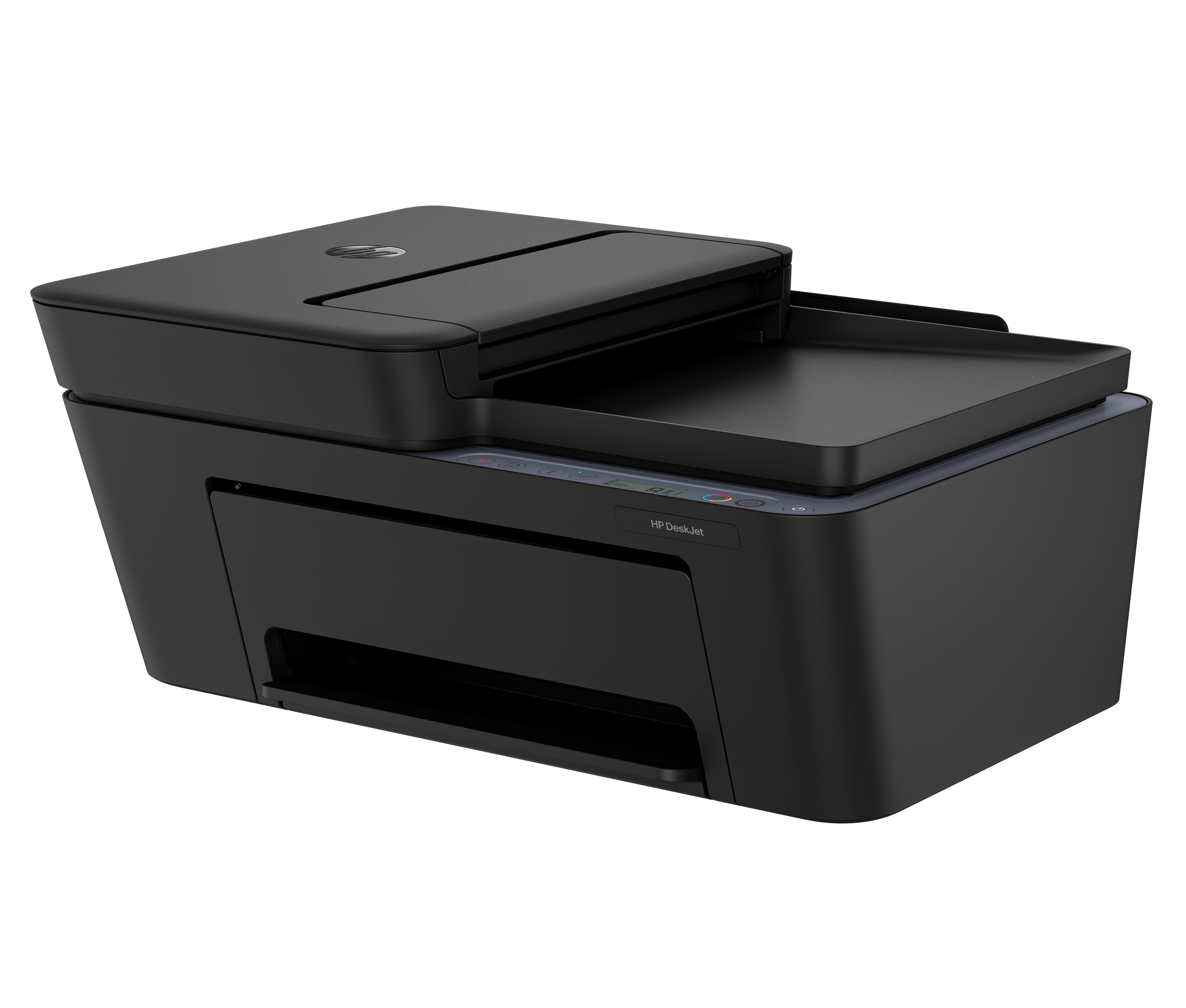 Ein schwarzer HP DeskJet Drucker mit Scanner und Kopierer steht auf weißem Hintergrund.