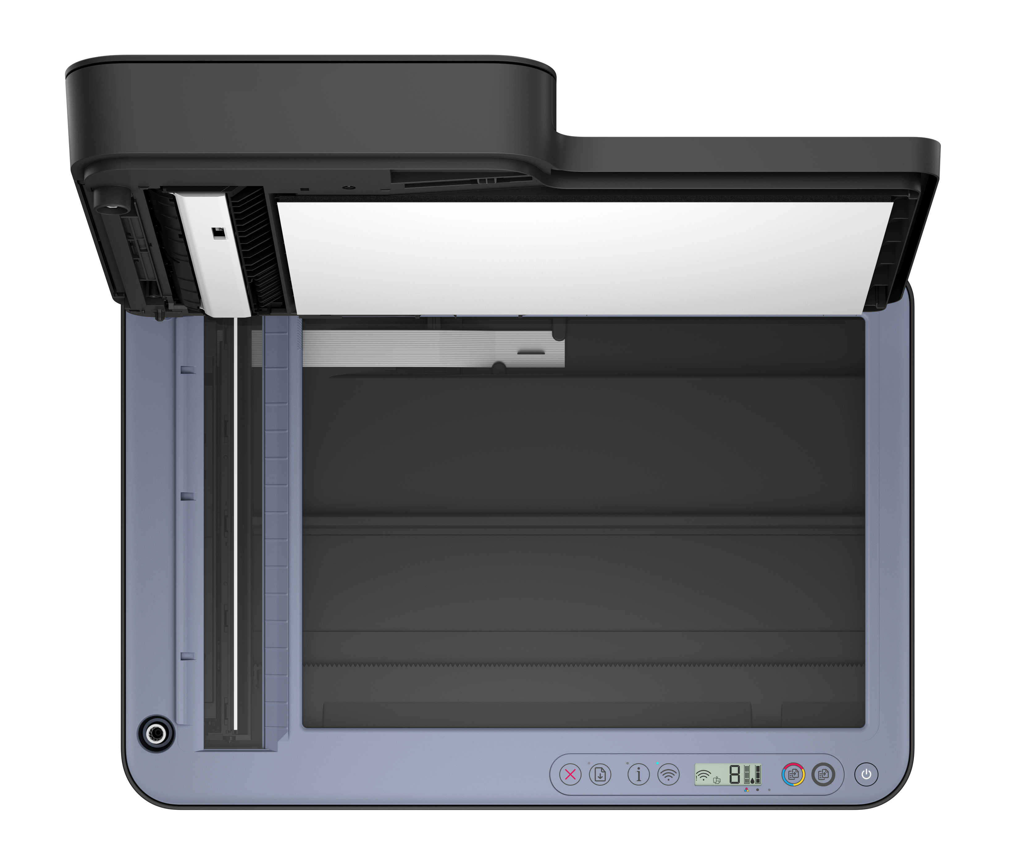 Offener Drucker mit Scanner, schwarzer Deckel, blaues Gehäuse, weies Papier im Scanner.