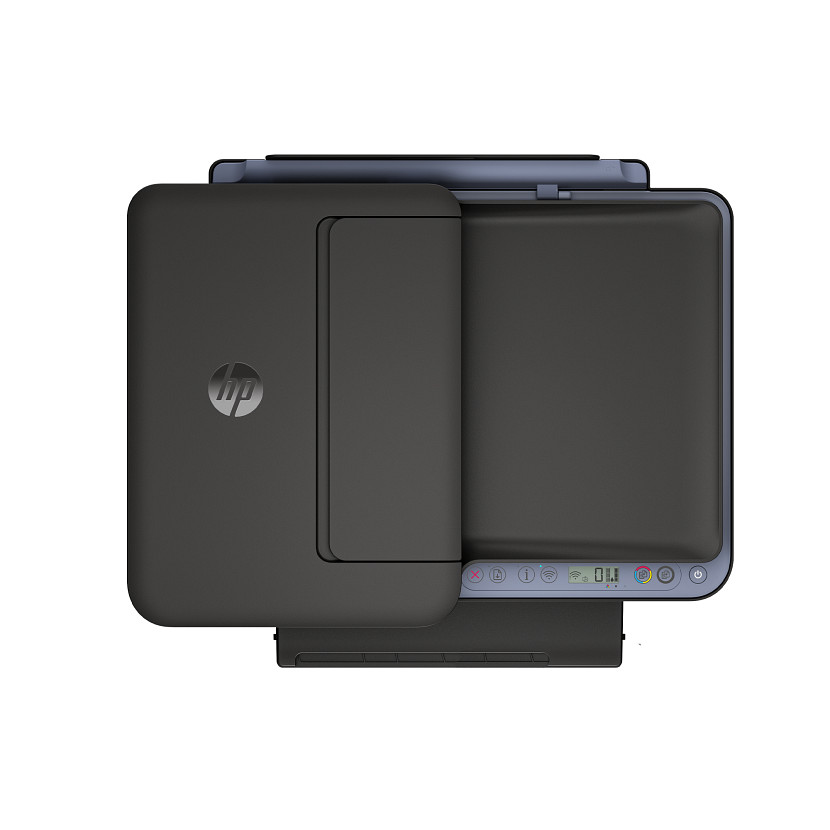 Ein schwarzer HP Drucker mit geschlossenem Deckel und Bedienelementen.