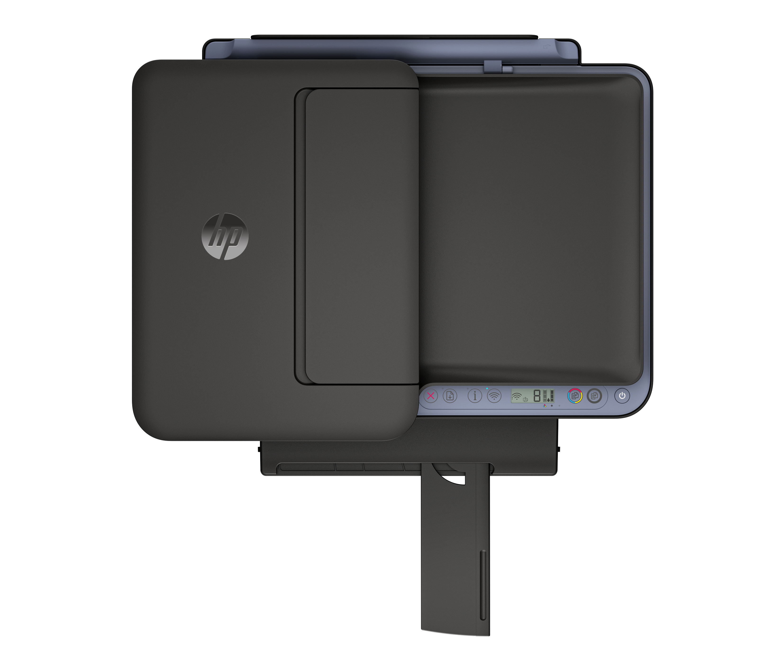Schwarzer HP Drucker von oben mit ausgefahrenem Fach.