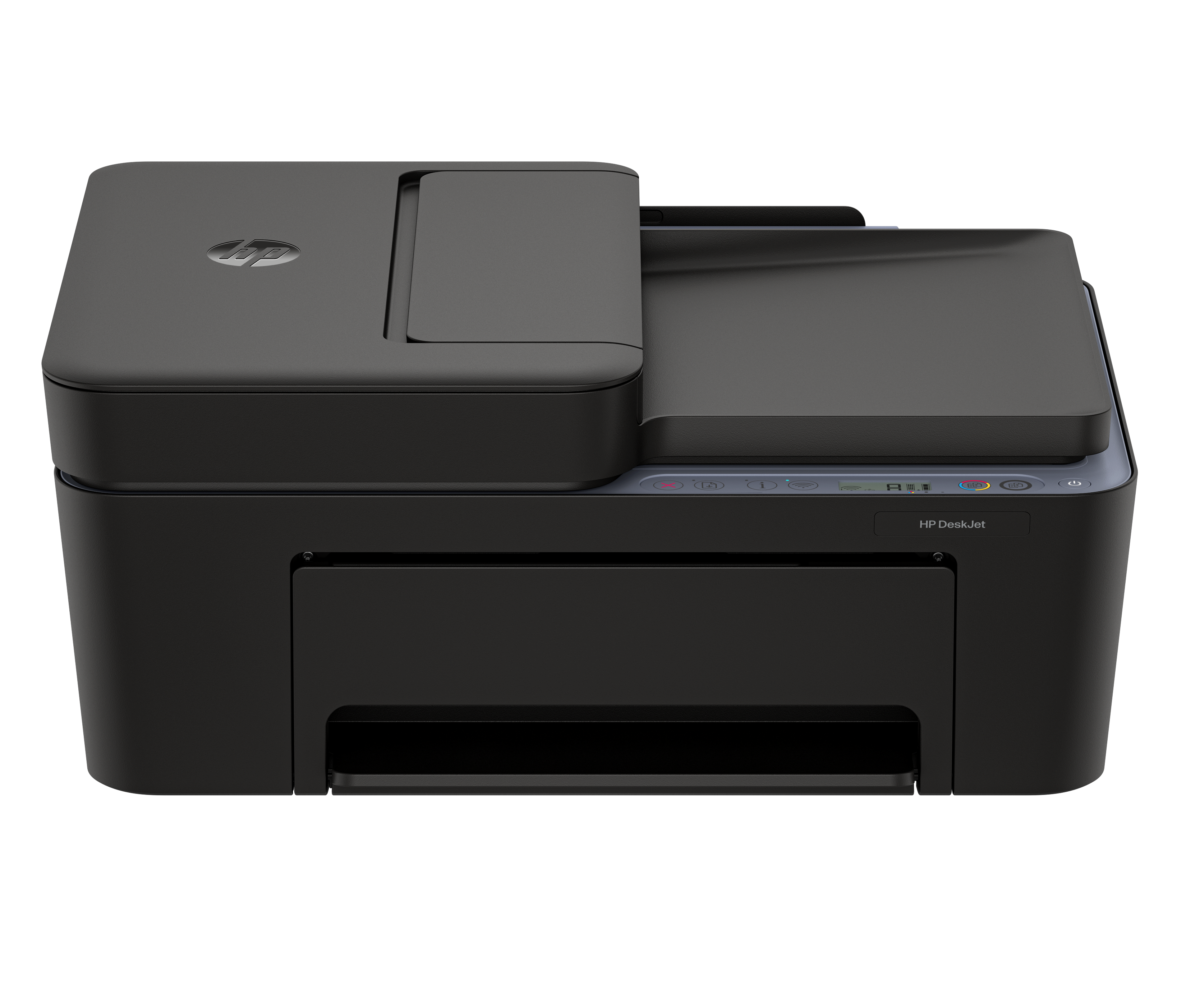 Ein schwarzer HP DeskJet Drucker mit Scanner-Aufsatz steht isoliert.