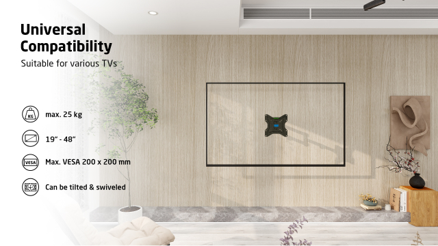 Un support TV sur mur en bois avec icônes de compatibilité.