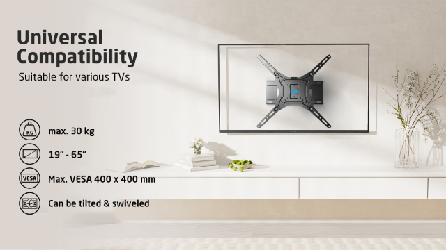 Un support mural pour TV jusqu'à 30 kg, 19-65 pouces, VESA 400x400, inclinable.
