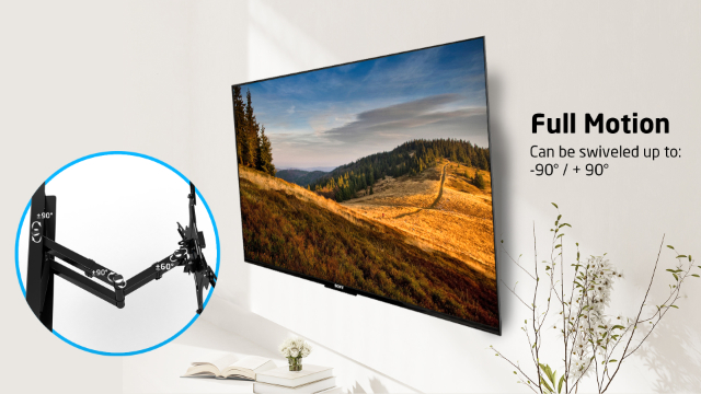 Support TV tout mouvement avec bras articulé, fixé au mur.