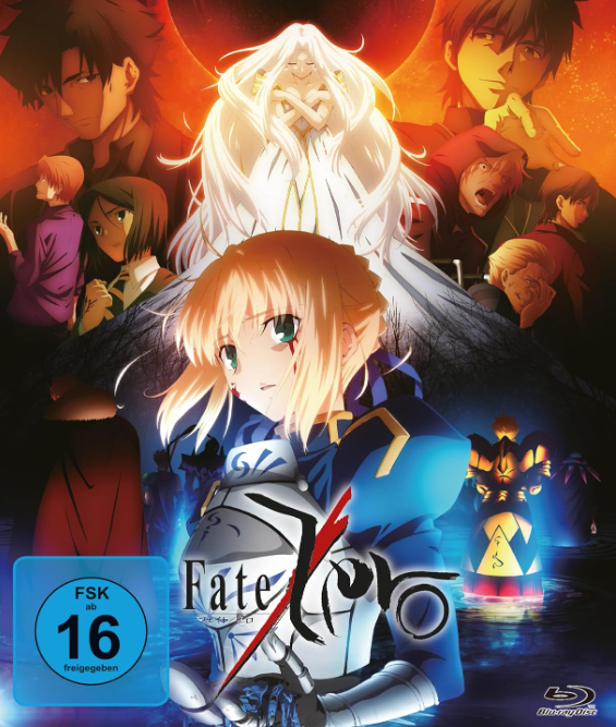 Anime-Poster mit mehreren Charakteren, im Vordergrund Saber in blauer Rüstung.