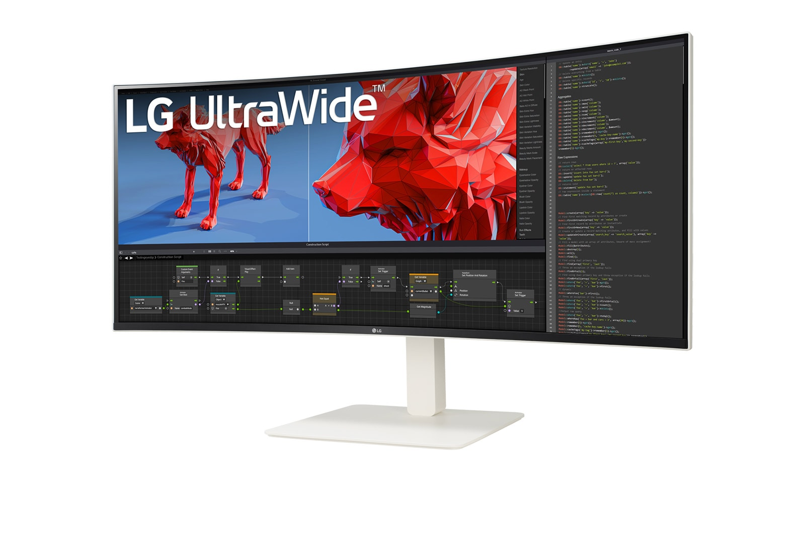 Een gebogen LG UltraWide monitor toont 3D-honden en code.