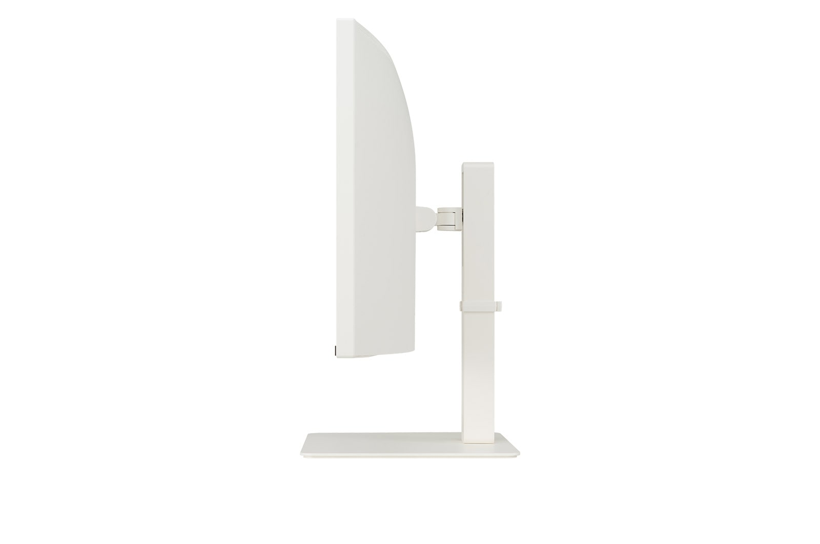 Witte monitorachterkant met standaard en verstelbare arm.