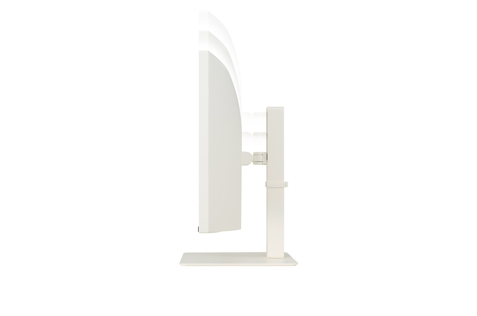 Een witte monitor met een slanke standaard, van opzij gezien.