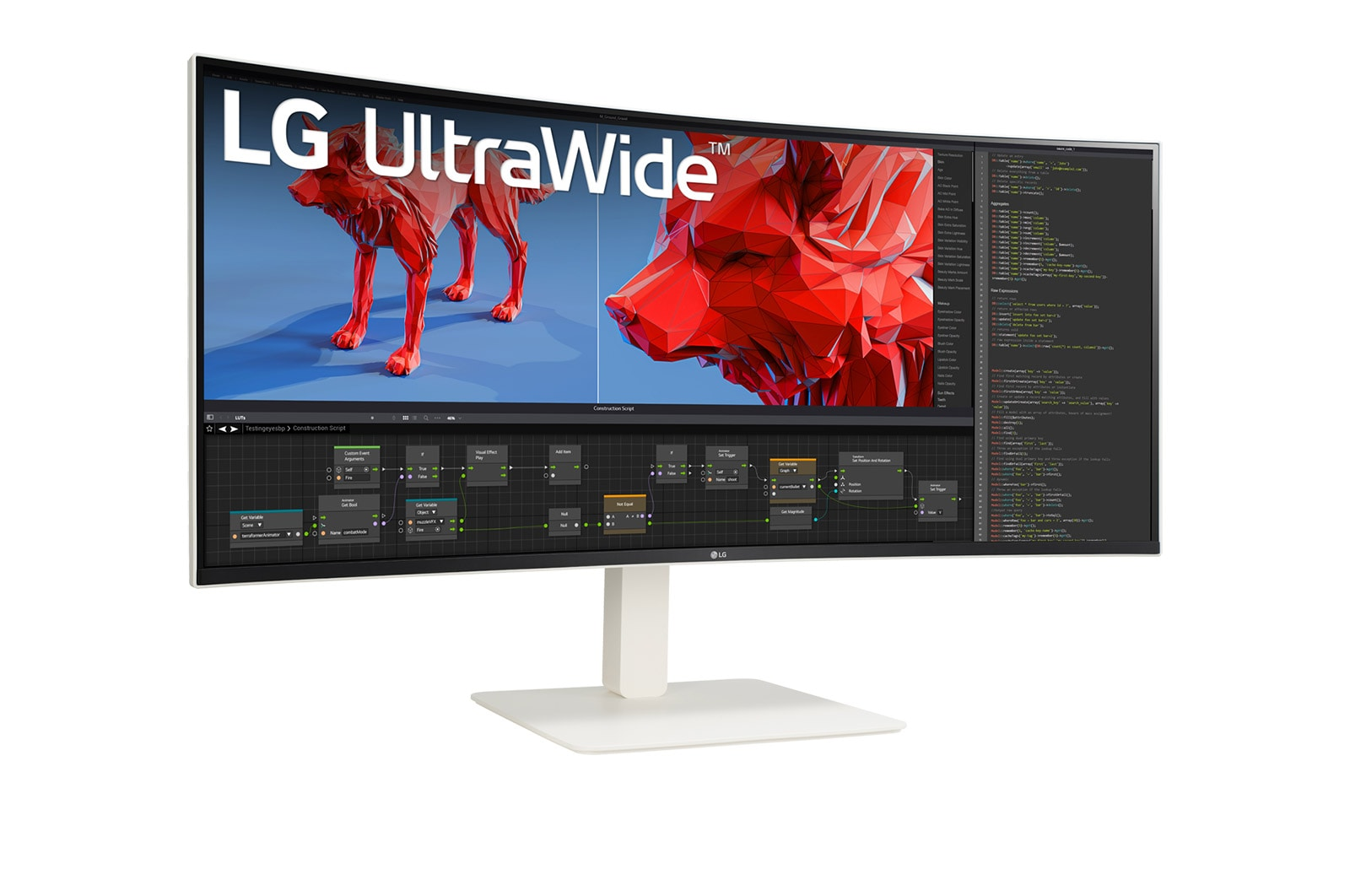 Gebogen LG UltraWide monitor toont rode low-poly hond sculptuur en code.