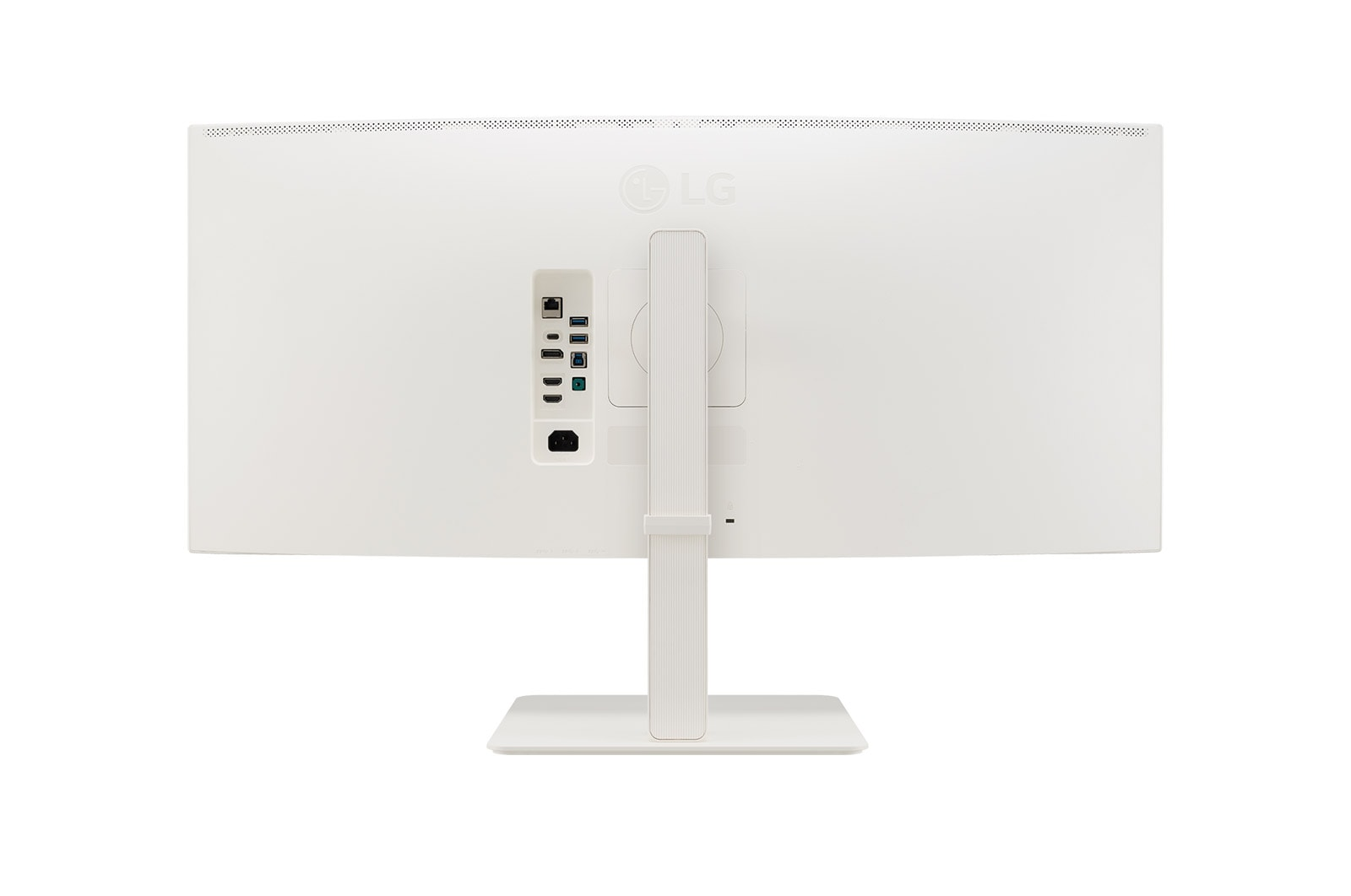 Achterkant van een witte LG monitor met poorten en standaard.