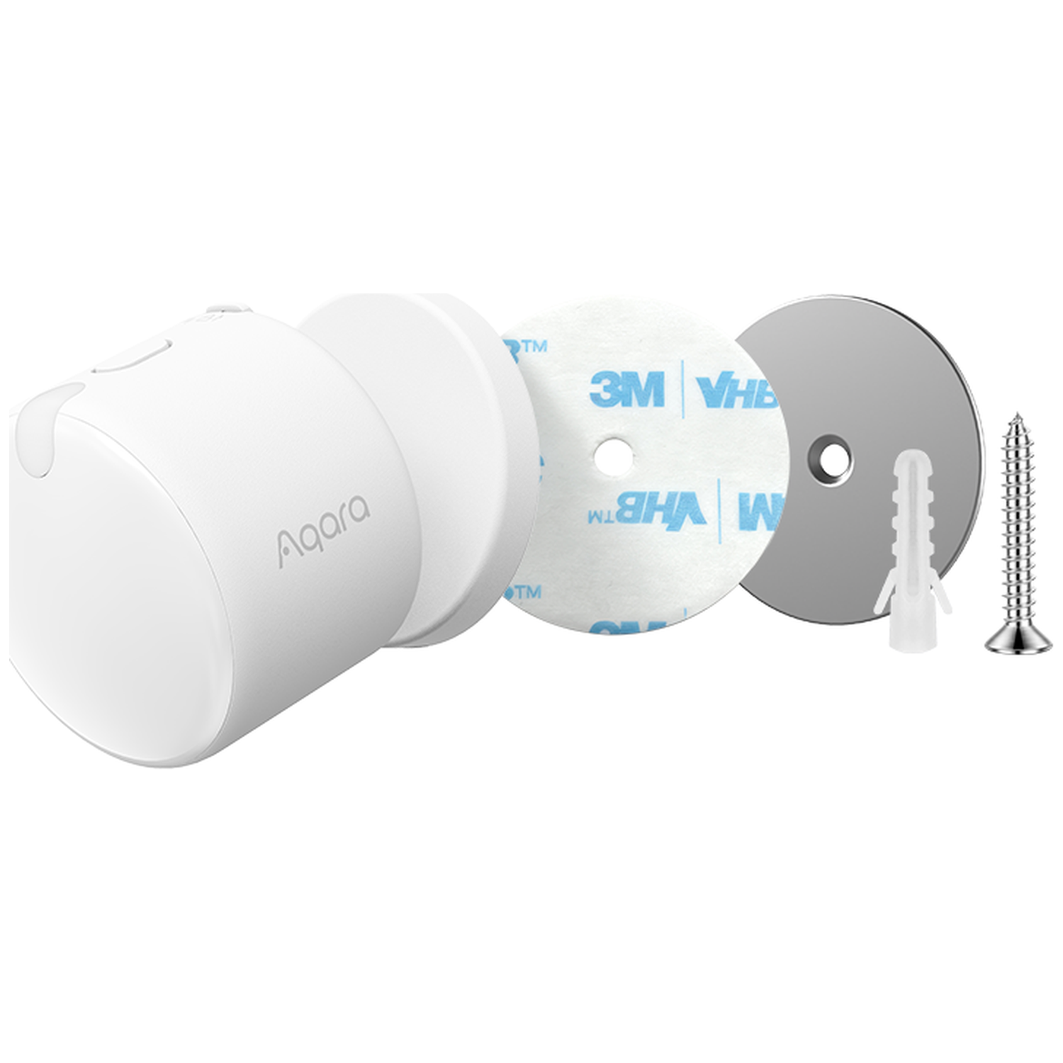 A white Aqara device with adhesive tape, metal plate, wall plug and screw.