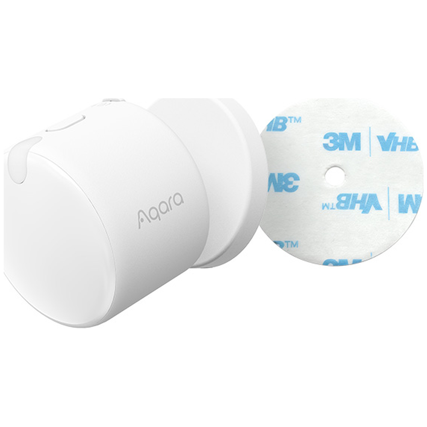 A white Aqara sensor device next to a round 3M VHB adhesive pad.