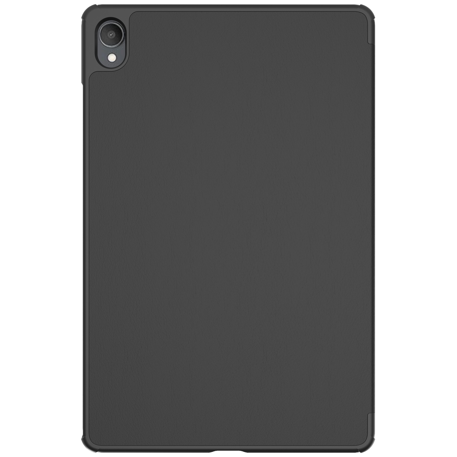 Coque de tablette noire avec découpe caméra en haut à gauche sur fond blanc.