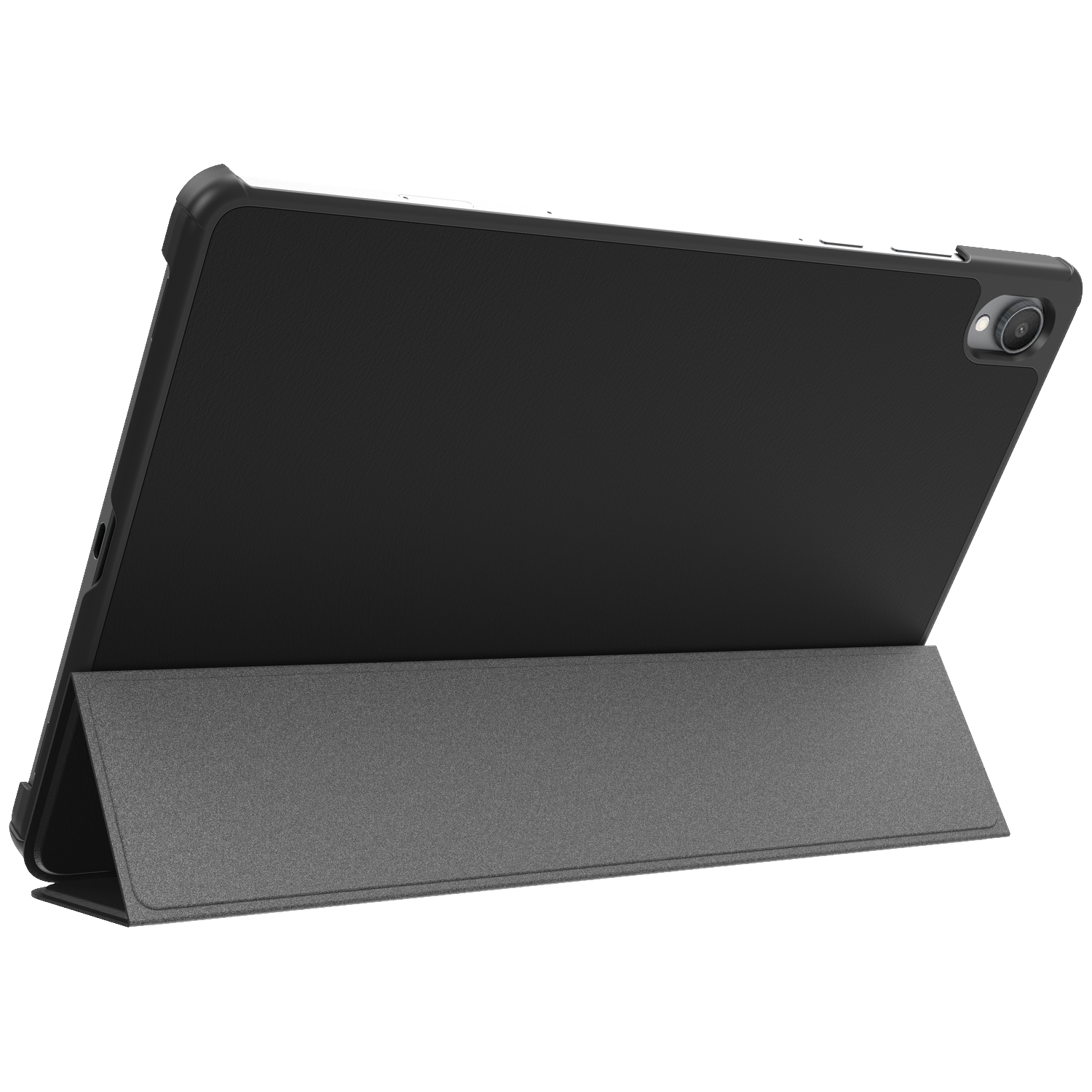 Une tablette noire avec un étui gris, debout.