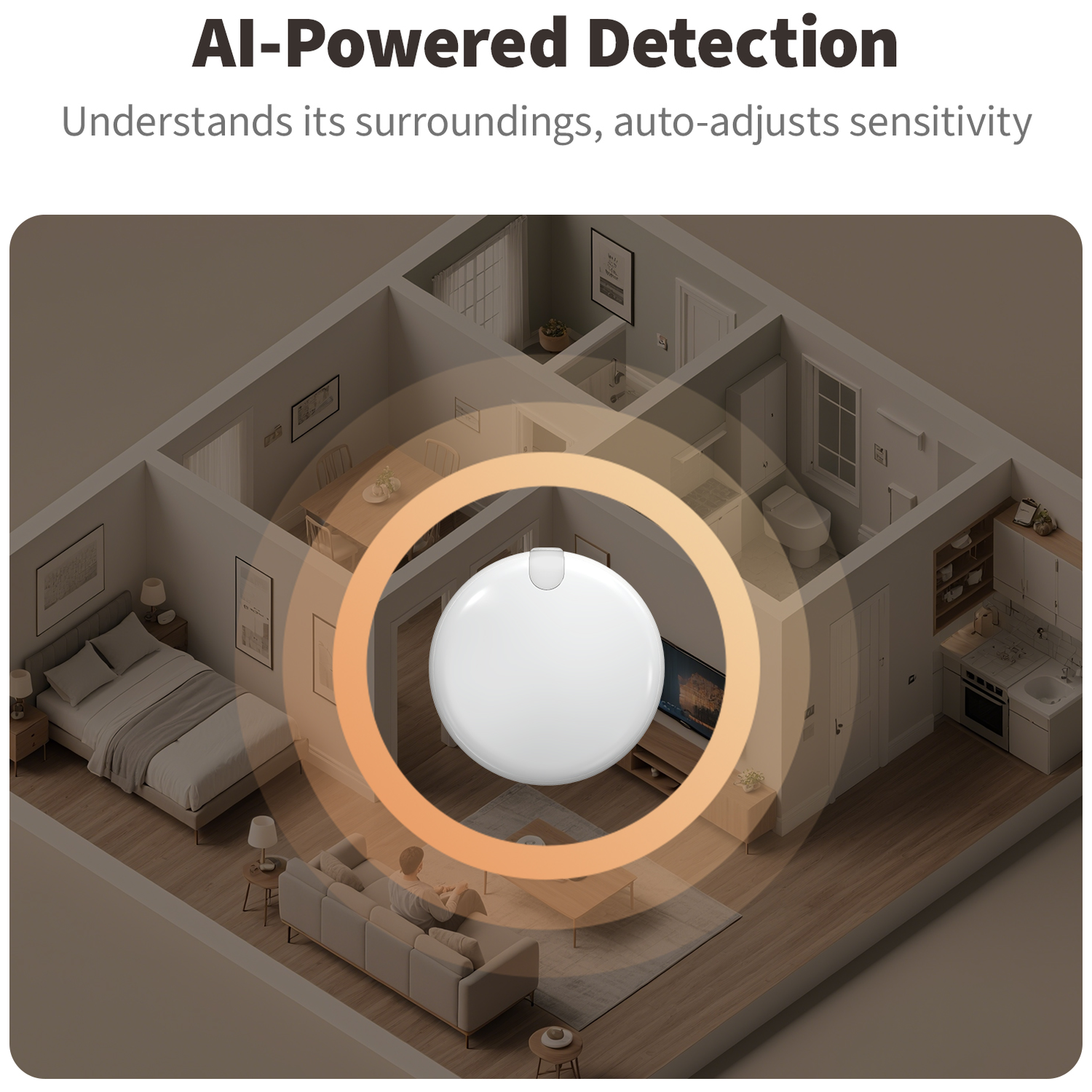 A white device emits waves in a stylized apartment cross-section.