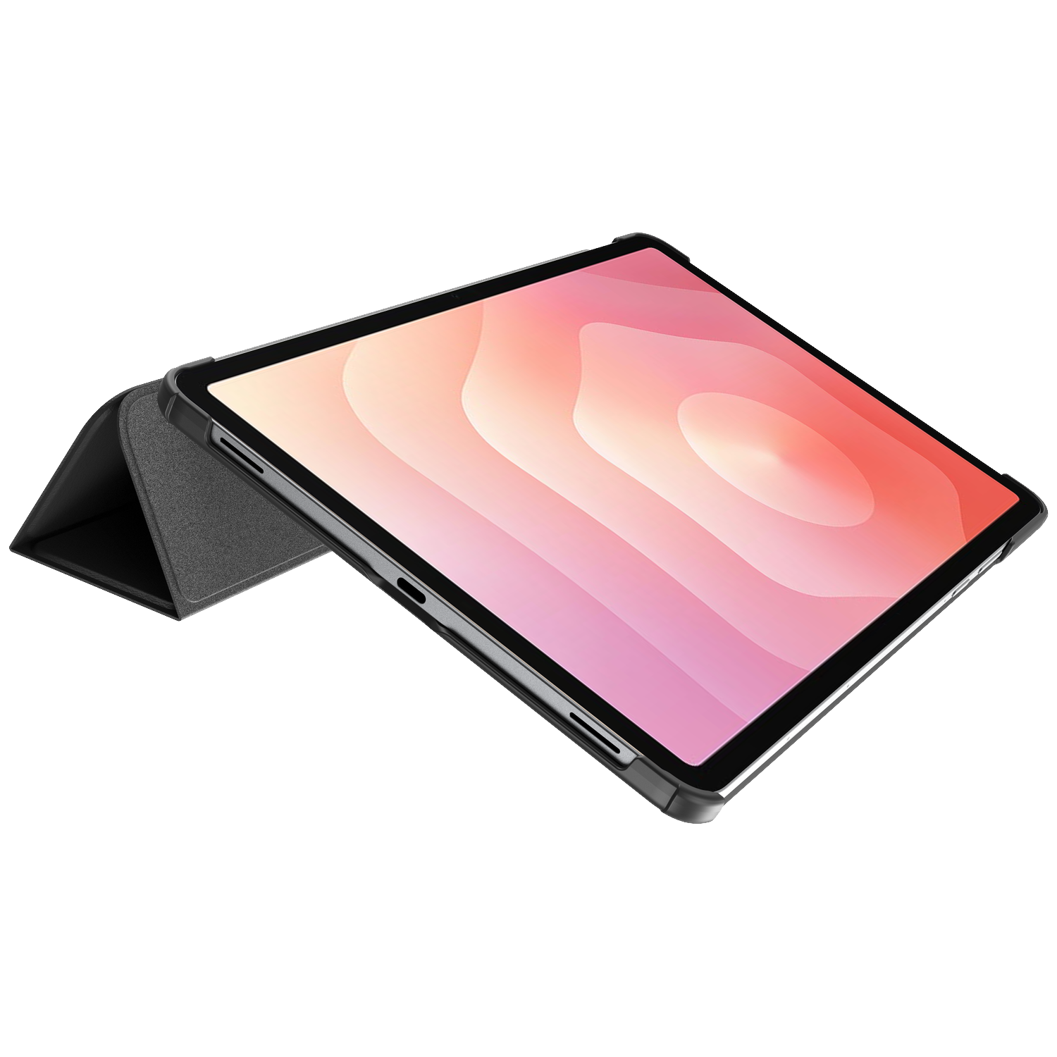 Une tablette avec une couverture noire montrant un fond rose-orange avec des vagues.