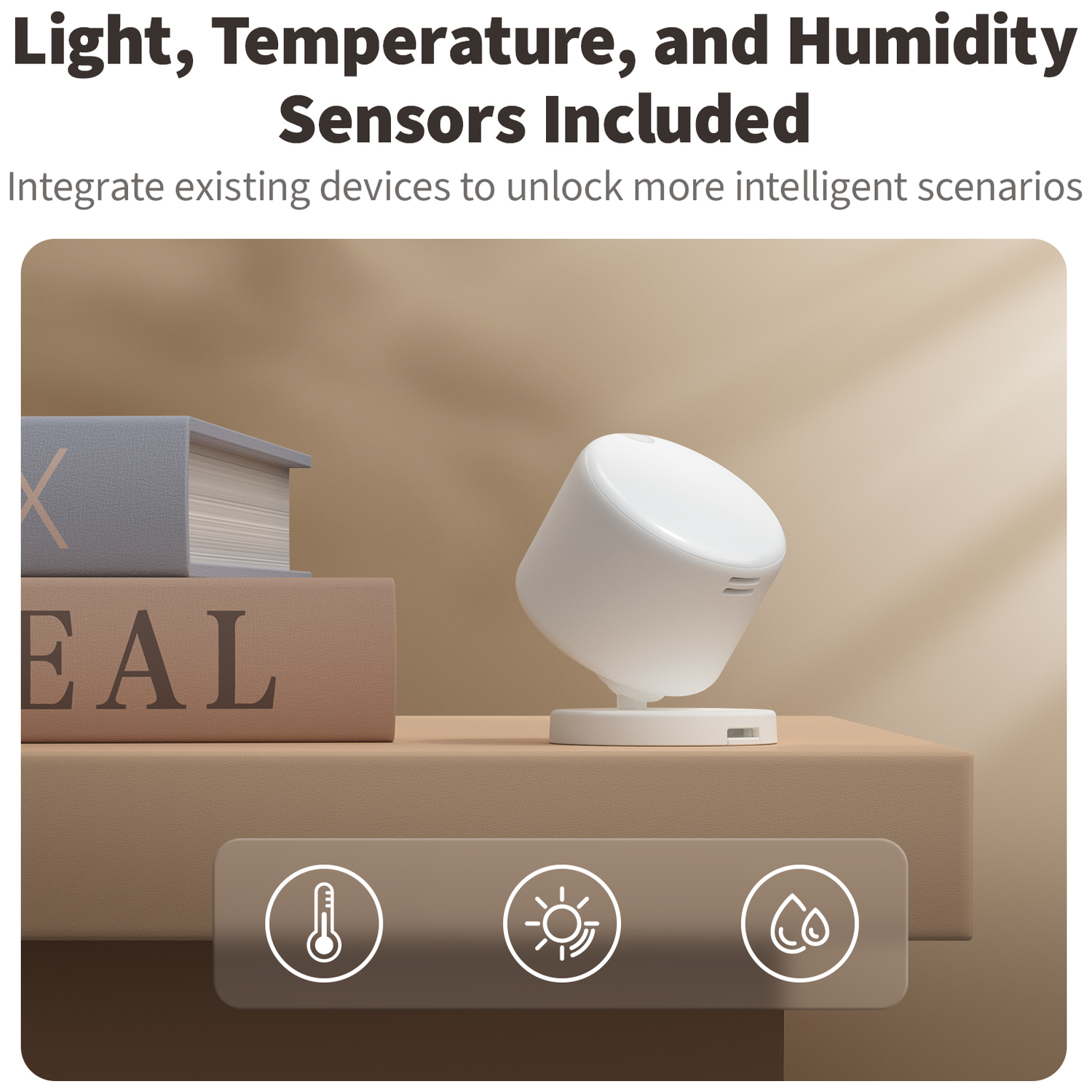 White sensor device on a shelf with books. Icons for temp, light, humidity.