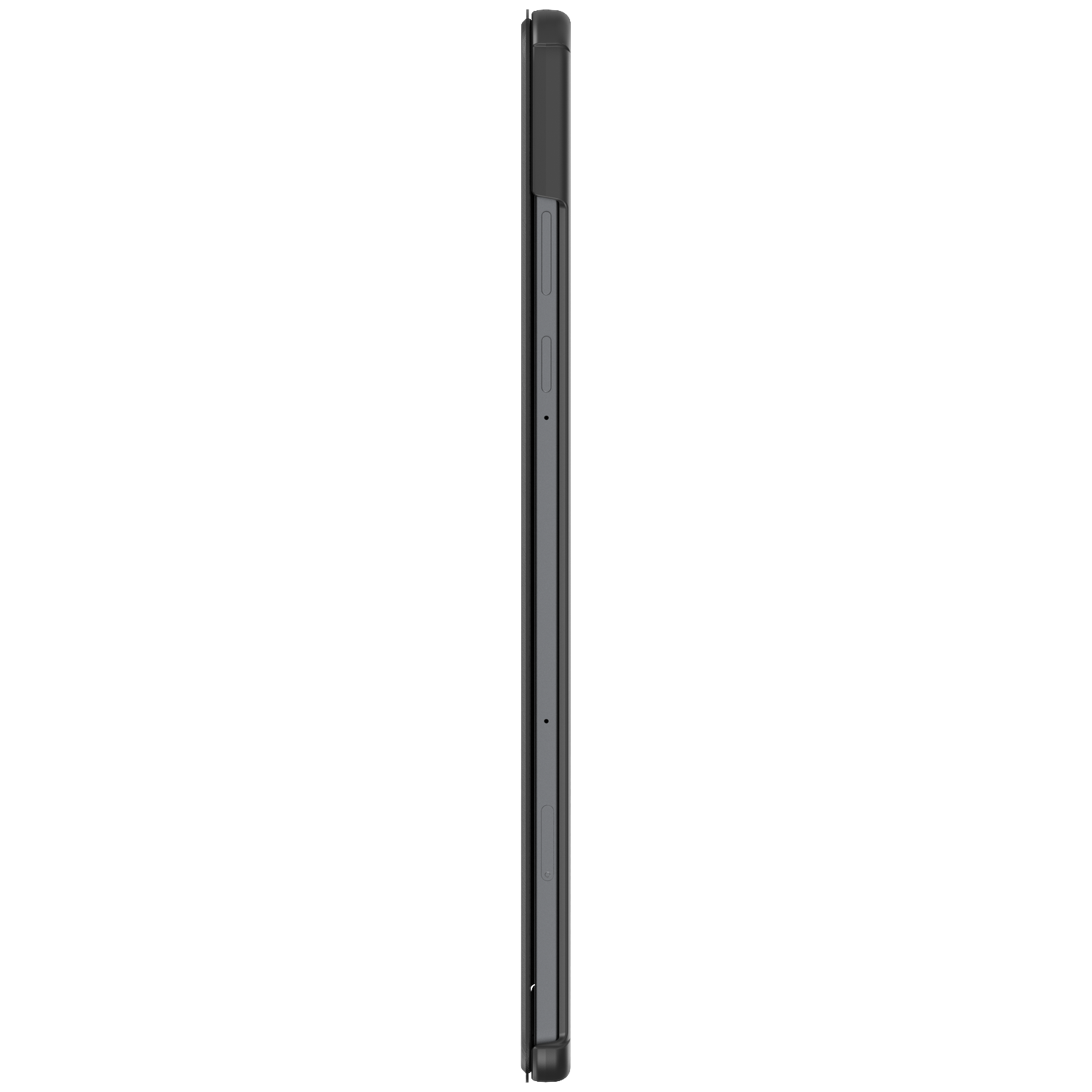 Vue latérale d'un smartphone noir avec des boutons et un emplacement pour carte SIM.