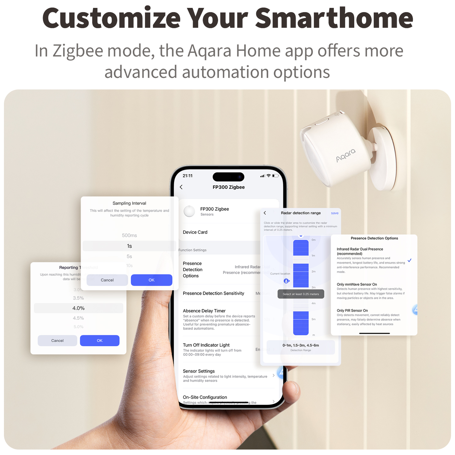 Aqara App displays settings for smarthome devices with options for sampling interval, presence detection, and sensor settings.