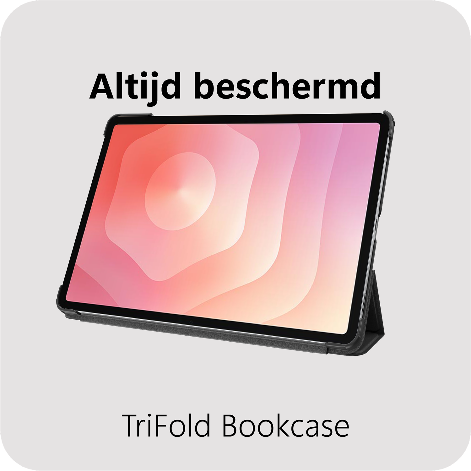 Een tablet in een TriFold Bookcase, rechtop staand.