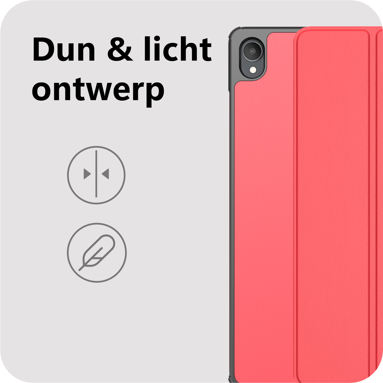 Een koraalkleurige tablethoes met tekst en iconen voor een slank en licht ontwerp.