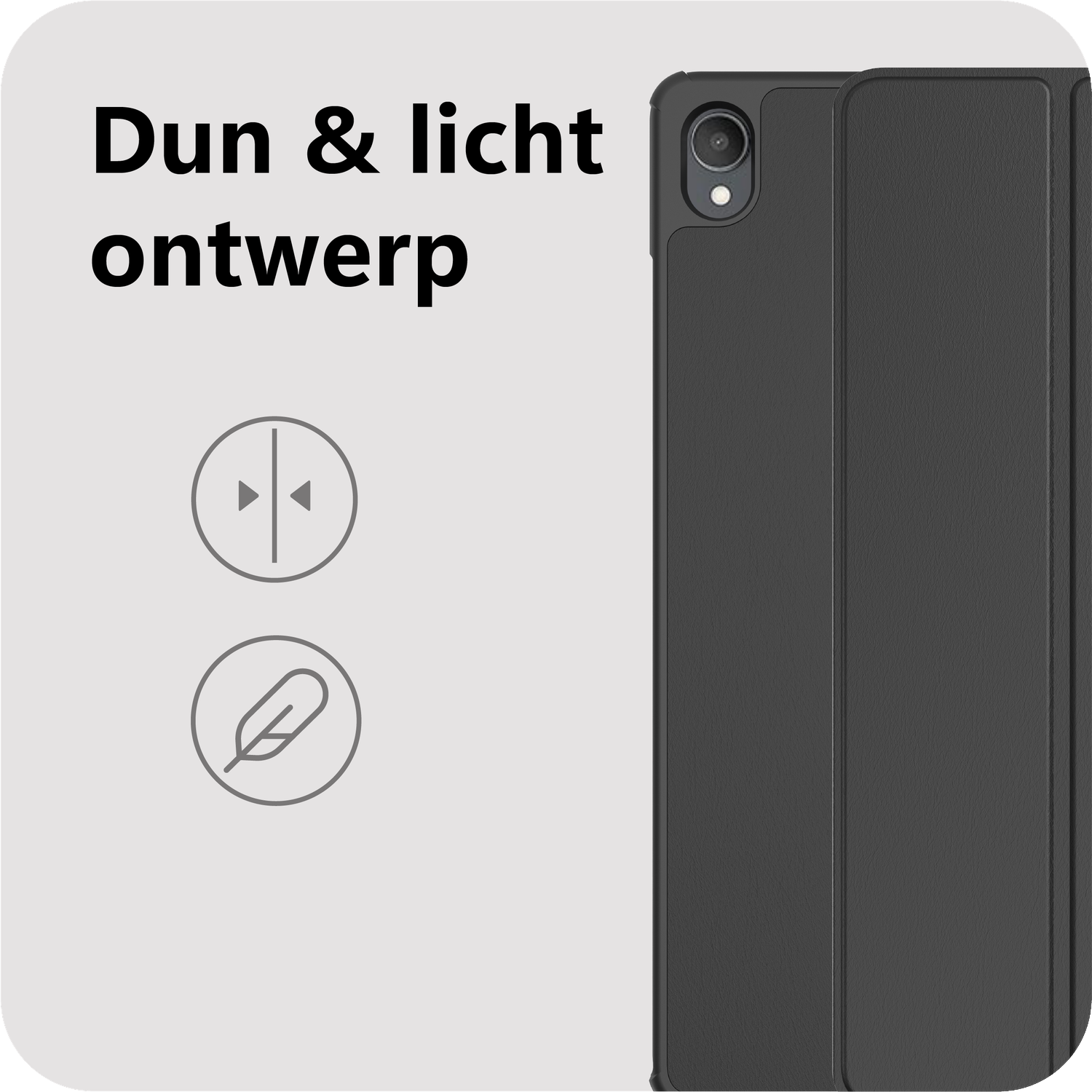 Zwarte tablethoes met dun en licht ontwerp. Bevat iconen voor dikte en veer.
