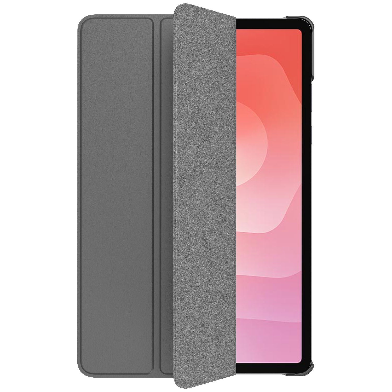 Tablette grise avec étui ouvert, écran affiche un motif abstrait rose et rouge.